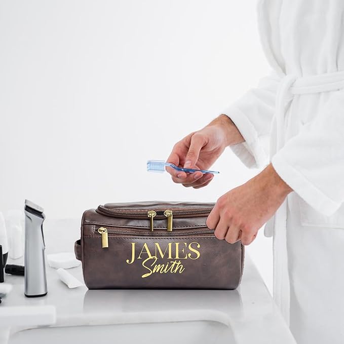 Personalized Toiletry Bag for Men, Engraved Name Initials Toiletry Bag, Customized Monogram Travel Shaving Dopp Kit for Groomsmen, Gift for Christmas, Birthday, Dad, Husband, Grandpa - Black