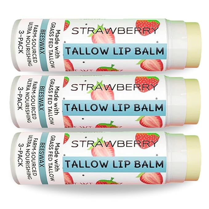 Tallow Lip Balm by Cattle Creek – All-Natural Ingredients, Long-Lasting Moisture and Hydration for Dry, Cracked, and Chapped Lips, Soothing Formula for Soft Skin (Pack of 3, Strawberry)