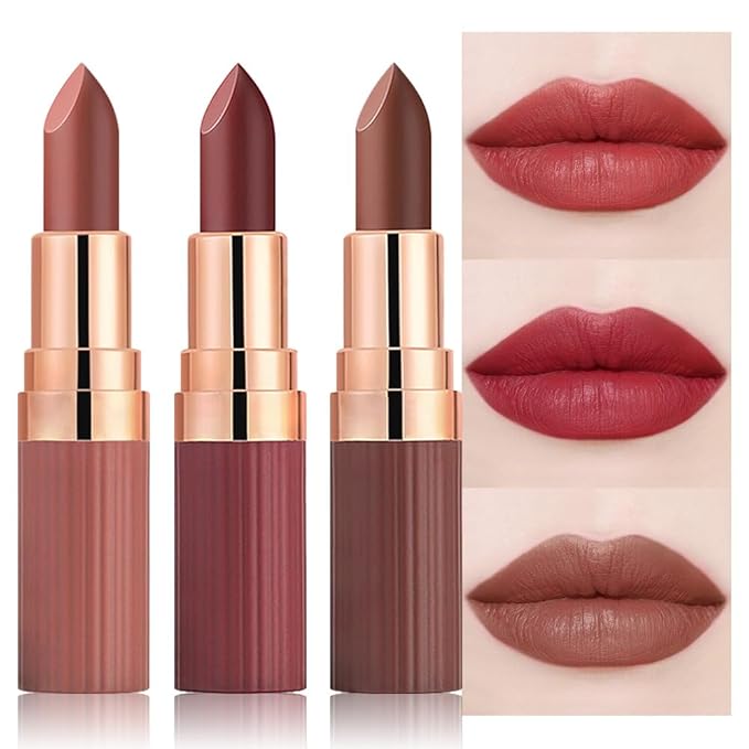 CAKAILA 3Pcs Nude Rose Bright Red Warm Brown Lip Stick,Matte Cream Lipstick Set for Women,Long Lasting Waterproof Smudge Proof Velvet lipsticks Crayon,Lip Makeup Kit Travel Size,Vegan & Cruelty-free