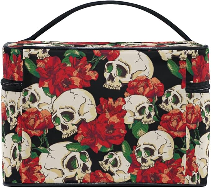 MNSRUU Skull Goth Makeup Bag, Gothic Skull and Flower Travel Makeup Organizer Bags Toiletry Bag Box Travel Cosmetic Bag Make Up Train Case for Women Teen Girl Ladies