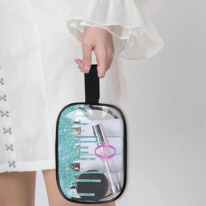 KFNHN Custom Transparent Travel Toiletry Bag for Women, PVC Large Makeup Bag, Cosmetic Bag, Comestic Essentials for Women, Water Flow Shape Aqua Blue Shiny Glittering