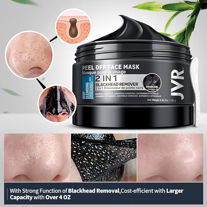 JVR Peel Off Face Mask, Blackhead Mask for Men, Charcoal Peel Off Black Mask, Facial Mask Refreshing and Deep Cleansing for All Skin Types 4.23 OZ