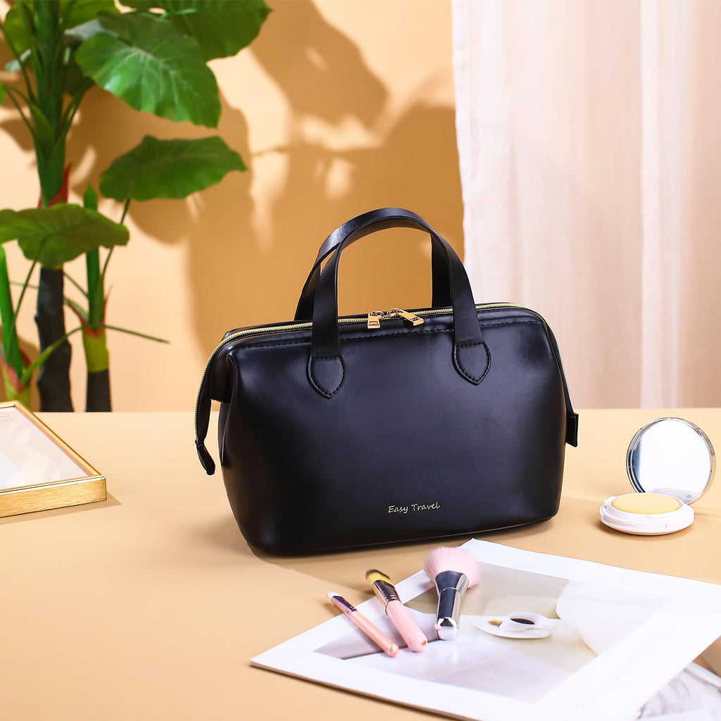 Fammart Travel Makeup Bag, Large Wide-open Cosmetic Bag Make Up Organizer Case for Women, Waterproof PU Leather Toiletry Bag Skincare Pouch for Toiletries Accessories Brushes
