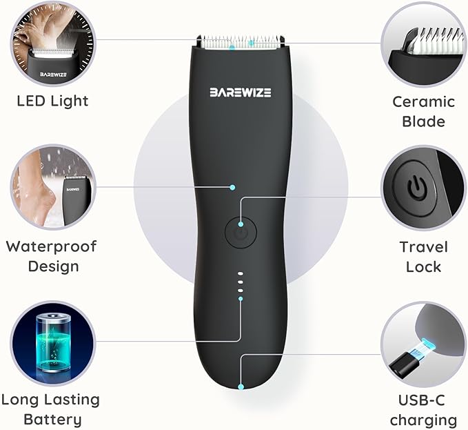 BAREWIZE Body Hair & Pubic Hair Trimmer for Men | Waterproof, USB-C Rechargeable, LED Light, Replaceable Ceramic Blade, Electric Ball Shavers, Manscape Kit, Mens Personal Groomer (Black)