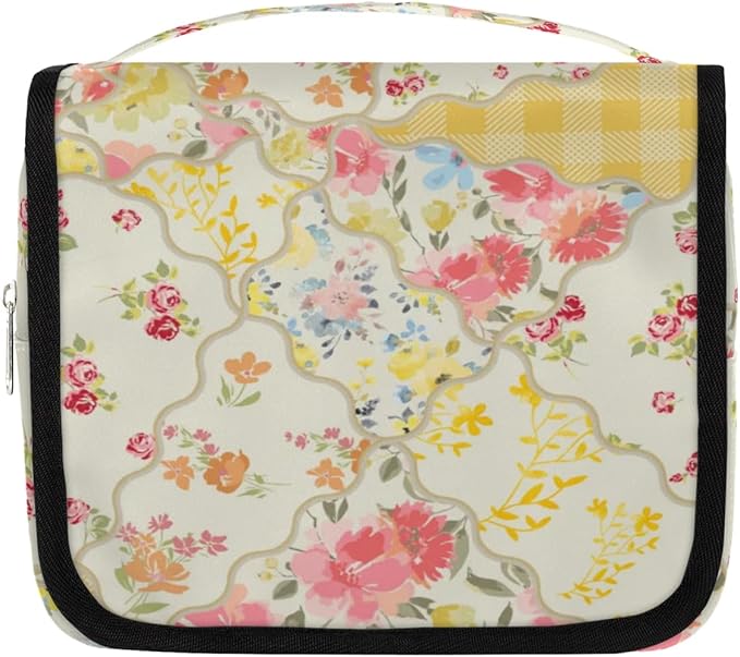 OMFUNS Yellow Flower Travel Toiletry Bag with Hanging Hook for Women and Girls, Rose Floral Cosmetic Makeup Case Organizer for Accessories, Shampoo, Full Sized Container, Toiletries
