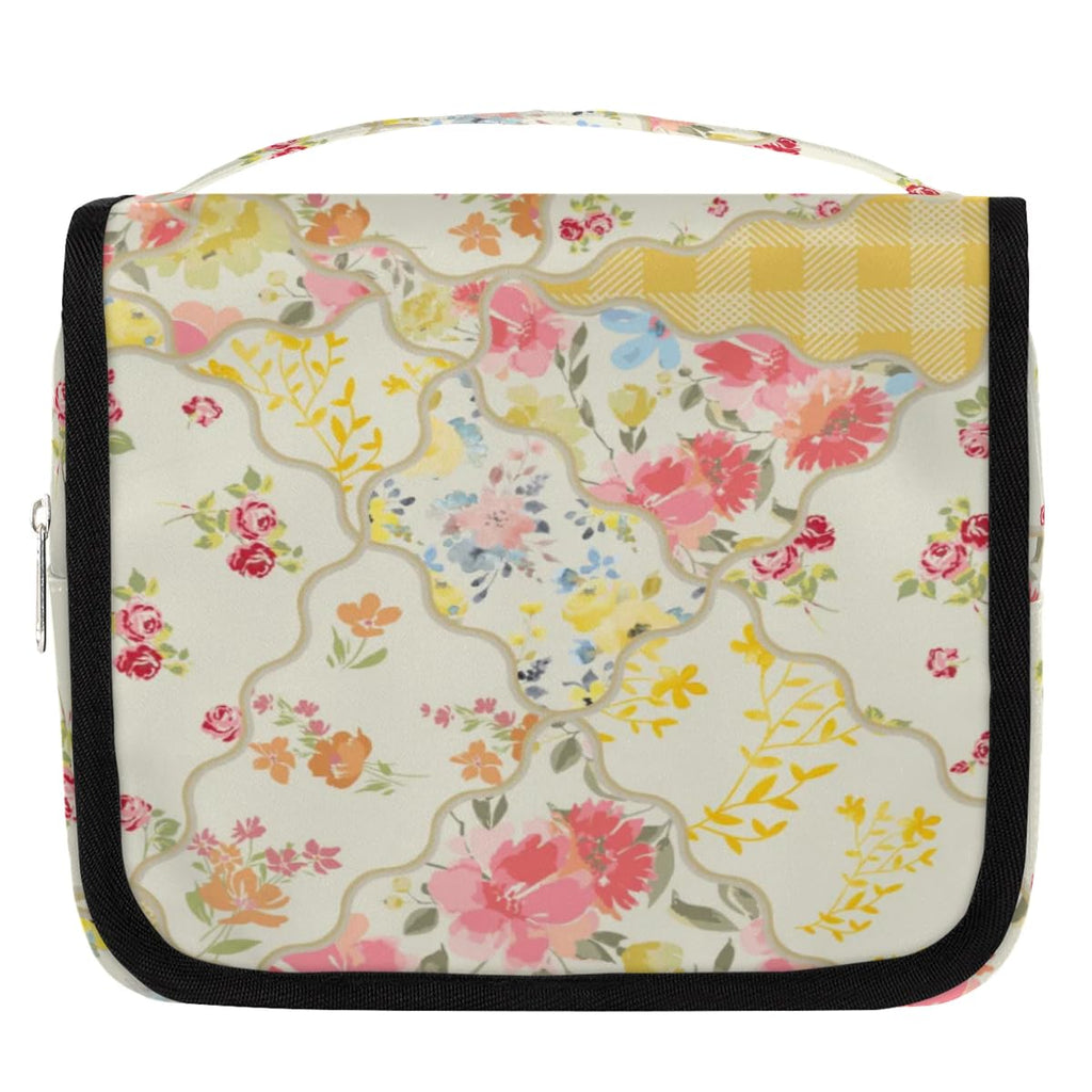 OMFUNS Yellow Flower Travel Toiletry Bag with Hanging Hook for Women and Girls, Rose Floral Cosmetic Makeup Case Organizer for Accessories, Shampoo, Full Sized Container, Toiletries