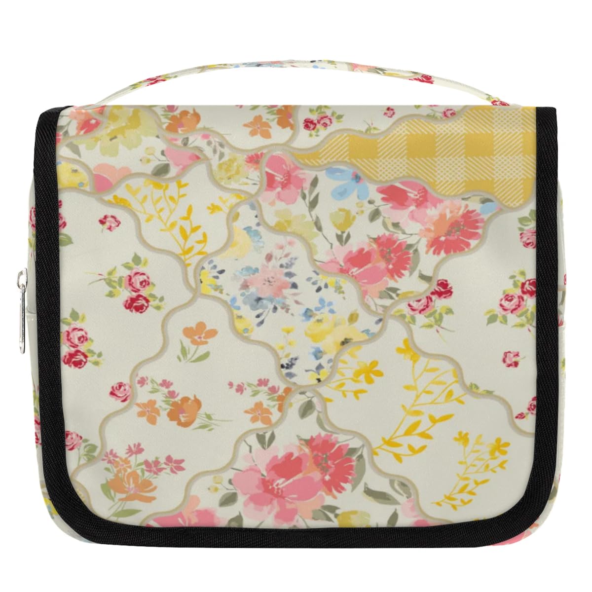 OMFUNS Yellow Flower Travel Toiletry Bag with Hanging Hook for Women and Girls, Rose Floral Cosmetic Makeup Case Organizer for Accessories, Shampoo, Full Sized Container, Toiletries