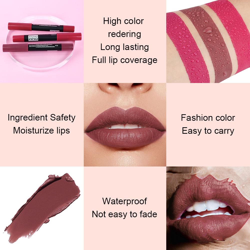 evpct 1Pcs Tan Maroon Matte Lipstick and Lip Crayon Liner Pencil Set for Women Lip Stain Long Lasting Waterproof labiales mate magicos 24 horas originales pintalabios permanente 24 horas 03