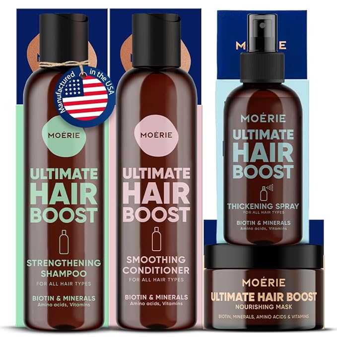 Moérie Hair Growth Shampoo, Conditioner, Spray and Mask for Men and Women, Hair Loss Solution with Biotin and Rosemary, Thickening Hair Regrowth Set with Serum Level Care for Thinning Hair, 4 Set