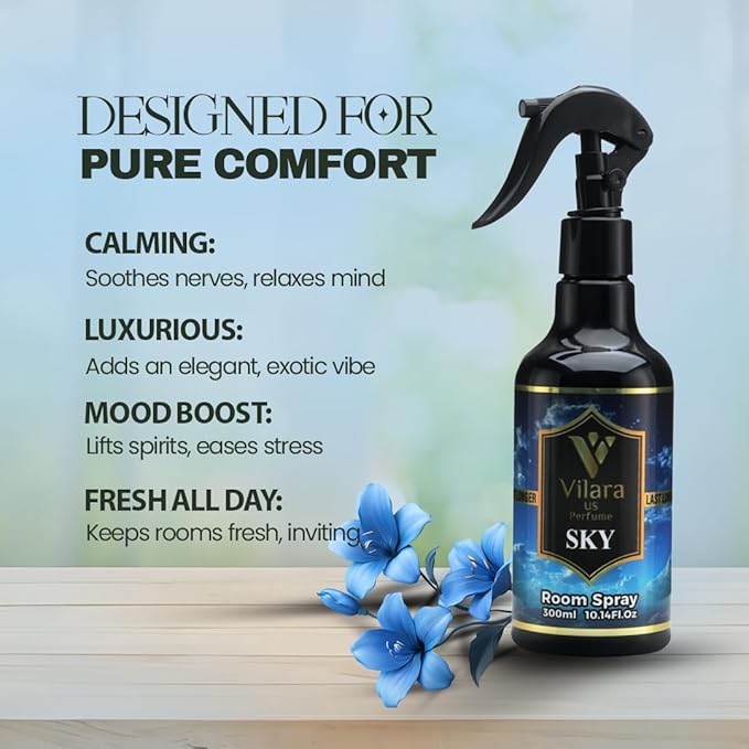 Vilara US Perfume Room Spray Freshener - Long-Lasting Luxury Scents - Room and Linen Spray for Bedding, Sheets, Fabric, Furniture for Aromatherapy - 10.14 fl oz (Sky)