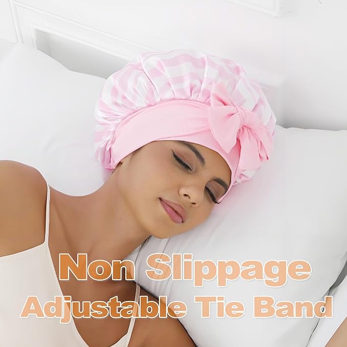 GDTOGRT Satin Silk Bonnet for Sleeping Women, Double Layer Sleep Hair Bonnets Caps for Curly Natural Hair with Tie Band - Pink Stripe