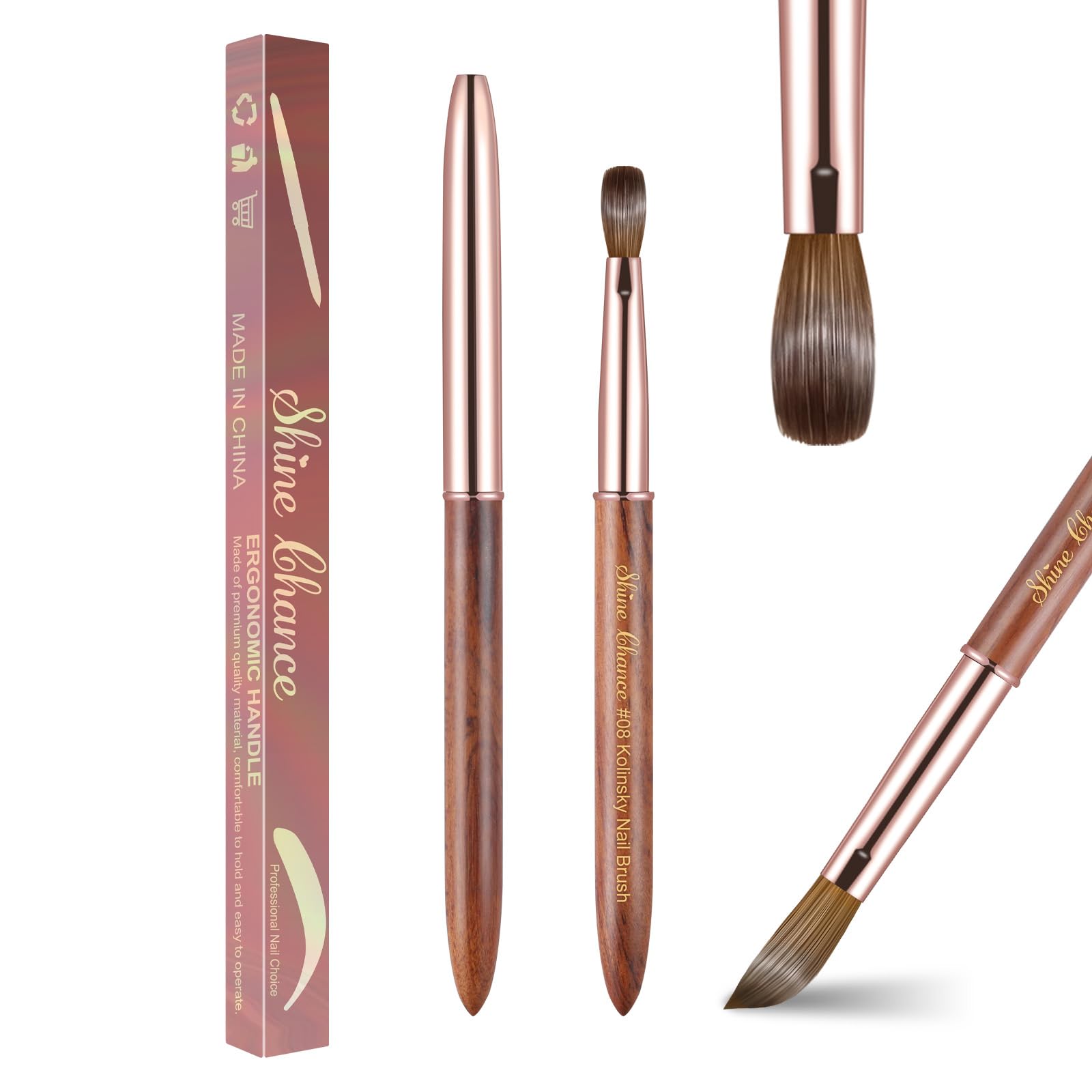 Acrylic Nail Art Brush Size 08, 100% Pure Kolinsky Hair Oval Nail Brush for Acrylic Application, Professional Nail Extension Manicure Tool Wooden Handle Nail Drawing Pen for DIY Home Salon