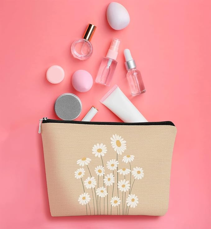 BARPERY Daisy Makeup Bag for Women - Pink Cosmetic Bag with Zipper - Travel Toiletry Bag Idea for Teen Girls & Women, Birthday or Christmas Presents