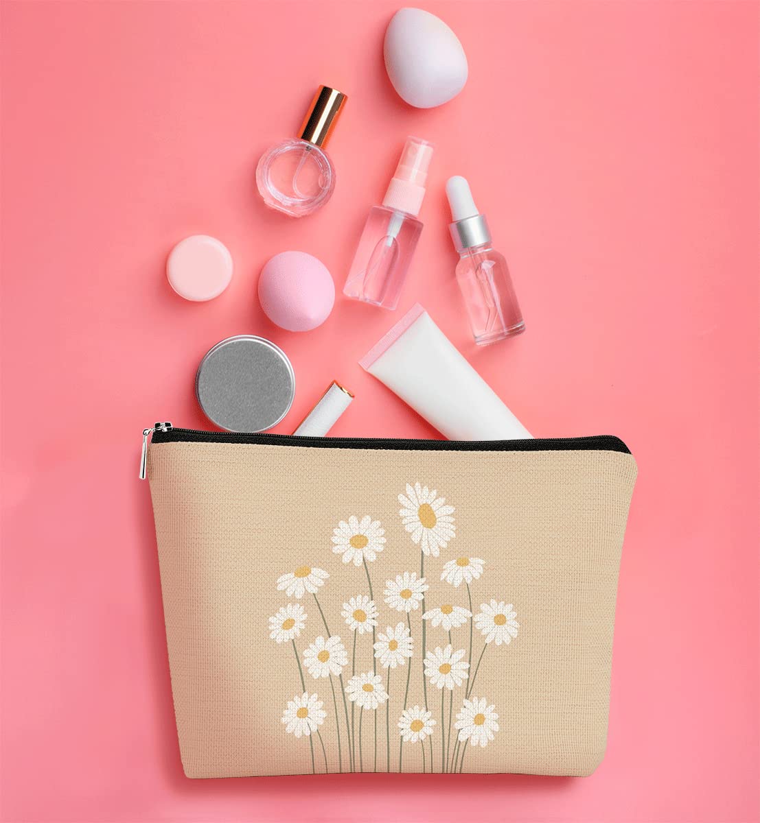 BARPERY Daisy Makeup Bag for Women - Pink Cosmetic Bag with Zipper - Travel Toiletry Bag Idea for Teen Girls & Women, Birthday or Christmas Presents