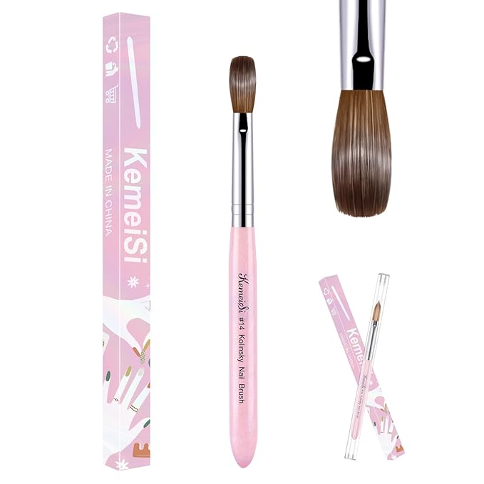 KEMEISI Acrylic Nail Brush Size #14, 100% Pure Kolinsky Nail Art Brushes for Acrylic Application, Sturdy Starry Handle Oval Shaped Nail Design Tools for Professional Manicure DIY, Pink