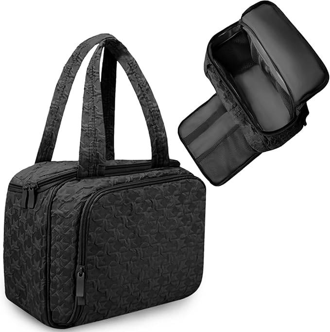 SUNRISING Travel Toiletry Bag, Lightweight Large Wide-open Travel Bag for Women, Puffy Cosmetic Makeup Bag Organizer with Handle for Accessories Essentials Toiletries - Black