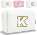 HENGNI Small Personalized Letter Makeup Bag, Cute PU Leather Chenille Letters Cosmetic Bag Travel Makeup Pouch, Preppy Travel Organizer Zipper Pouch for Women&Girls（White-K）