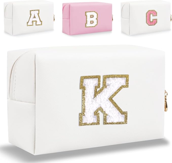 HENGNI Small Personalized Letter Makeup Bag, Cute PU Leather Chenille Letters Cosmetic Bag Travel Makeup Pouch, Preppy Travel Organizer Zipper Pouch for Women&Girls（White-K）