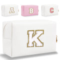 HENGNI Small Personalized Letter Makeup Bag, Cute PU Leather Chenille Letters Cosmetic Bag Travel Makeup Pouch, Preppy Travel Organizer Zipper Pouch for Women&Girls（White-K）
