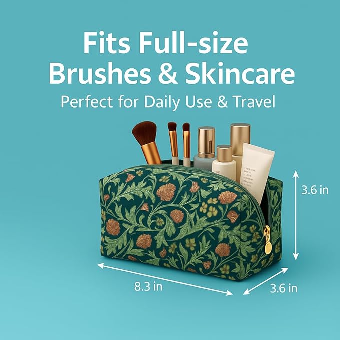 OIMEI Floral Quilted Pouch Cotton Makeup Bag for Women, Large Capacity Travel Cosmetic Pouch with Zipper, Cute Toiletry & Brush Organizer, Kawaii Makeup Storage Case – Garden Green