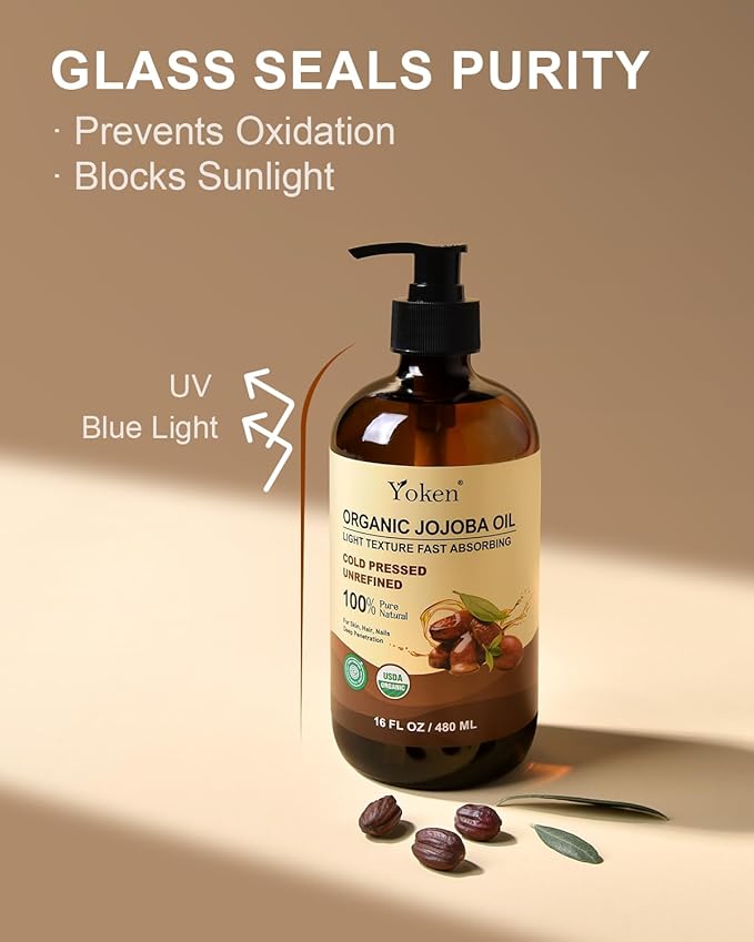 Yoken Organic Jojoba Oil Glass Bottle 16oz, USDA Certified for Skin Care