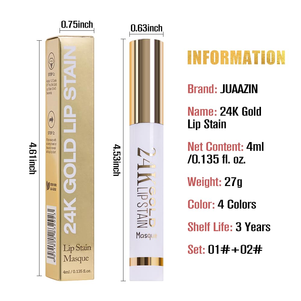 JUAAZIN 2Pcs 2025 New 24K Gold Liquid Lip Gloss Peel Off Lip Stain Tattoo with Tweezer, Lips Stain Peel Off Masque, Long Lasting Waterproof Lip Tint Stain, Transfer-proof for All Skin Types 01#+02#