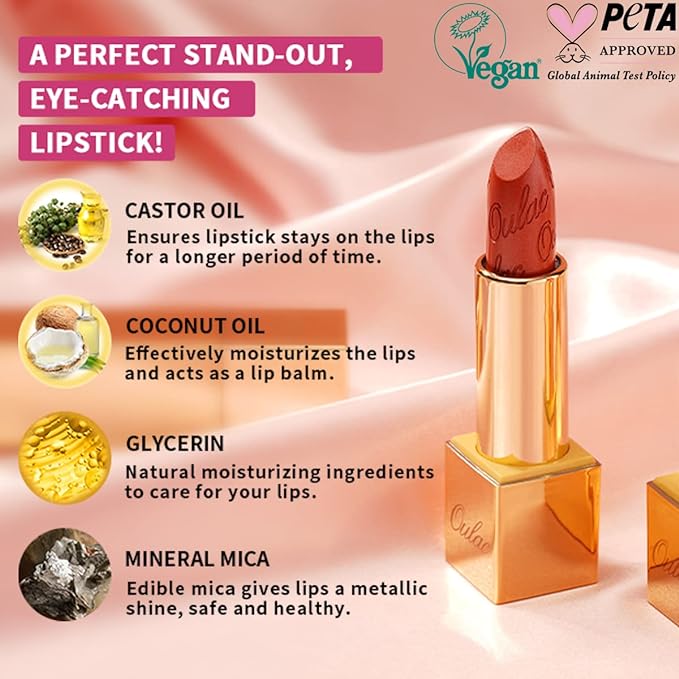 Oulac Hot Pink Lipstick Set 2PCS - Included Metallic Fuchsia Lipstick and Shimmer Pink Liptsick, Vegan Lightweight Hydrating Formula, 15+D02