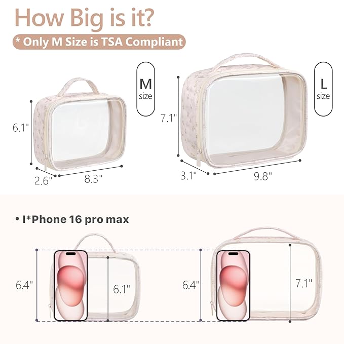 PACKISM Clear Makeup Bag - TSA Approved Toiletry Bag, 2 Pink Ditsy Floral