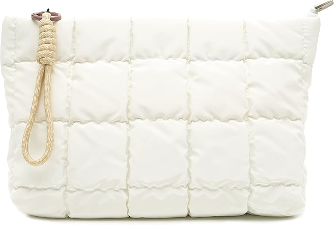 Beayuva Puffer Quilted Makeup Bag Travel Cosmetic Bag Portable Puffy Checkered Toiletry Pouch Skincare Organizer Purse Pencil Case (White)