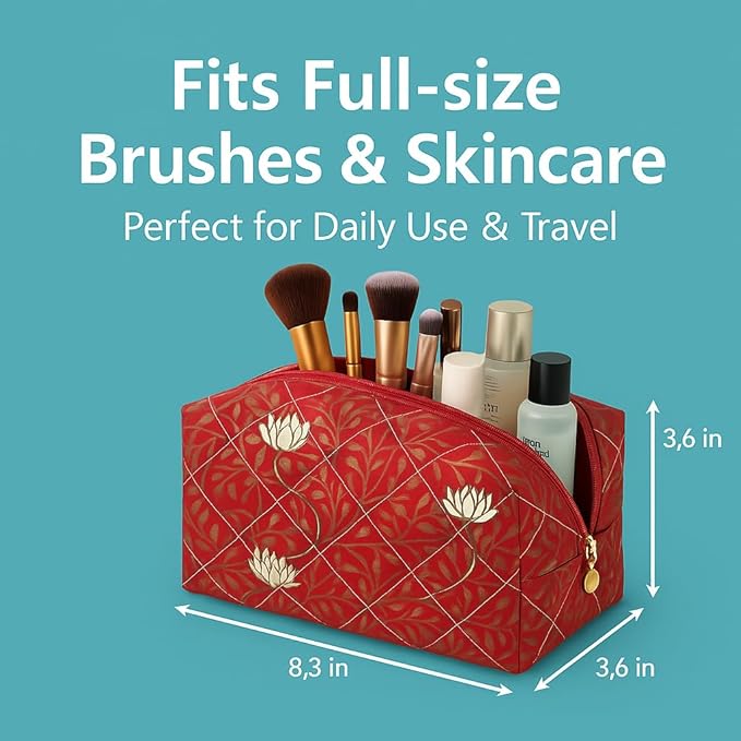 OIMEI Floral Quilted Cotton Makeup Bag for Women, Large Capacity Travel Cosmetic Pouch with Zipper, Cute Toiletry & Brush Organizer, Kawaii Makeup Storage Case – Garden Red