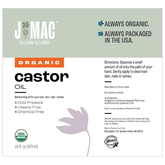 J MAC BOTANICALS Organic Castor Oil Cold Pressed in Amber BPA Free Plastic Bottle (32 oz) USDA Certified, Hexane Free - Moisturizing Oil for Hair, Skin, Face, Eyelashes, Brows, Nails, and Castor Wraps