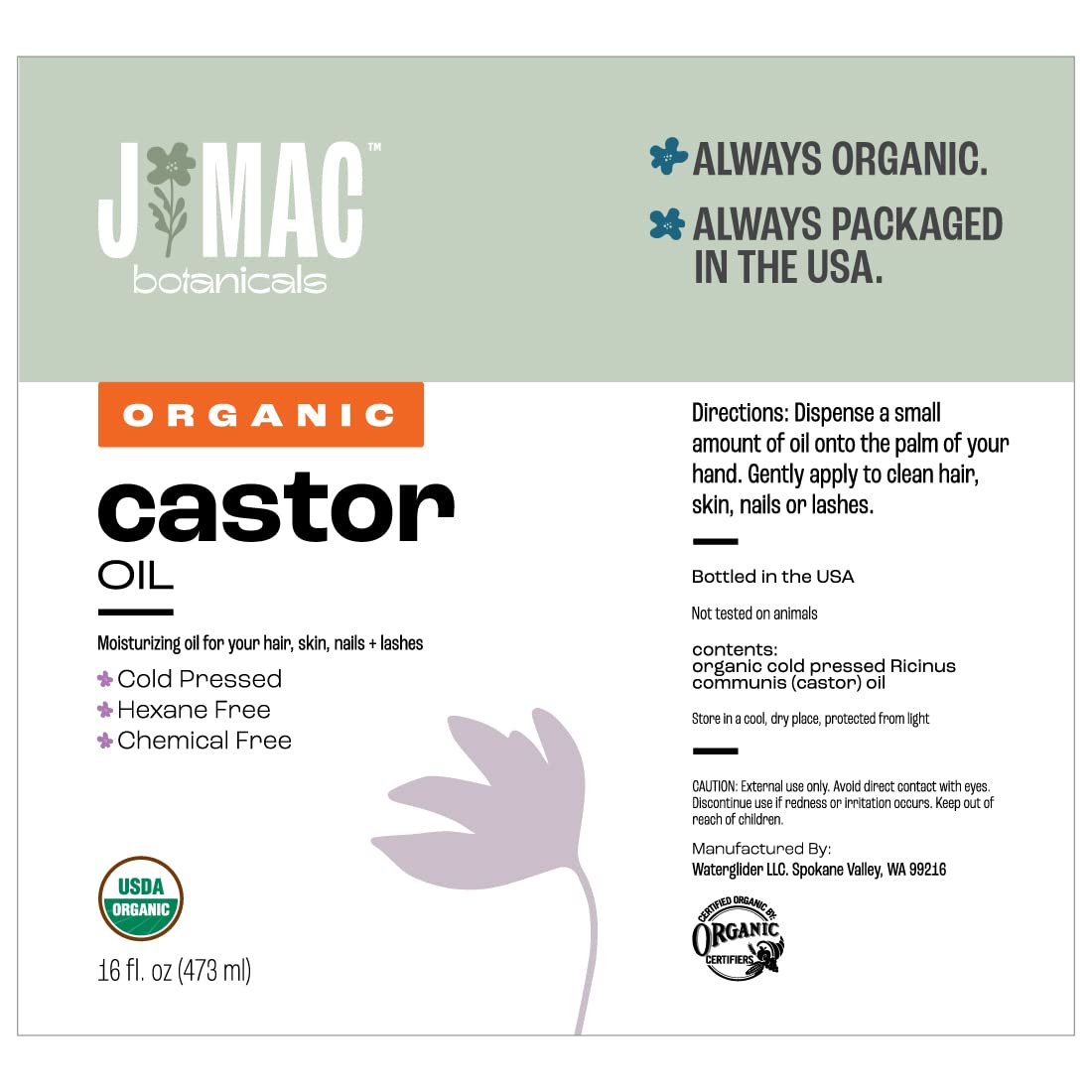 J MAC BOTANICALS Organic Castor Oil Cold Pressed in Amber BPA Free Plastic Bottle (32 oz) USDA Certified, Hexane Free - Moisturizing Oil for Hair, Skin, Face, Eyelashes, Brows, Nails, and Castor Wraps