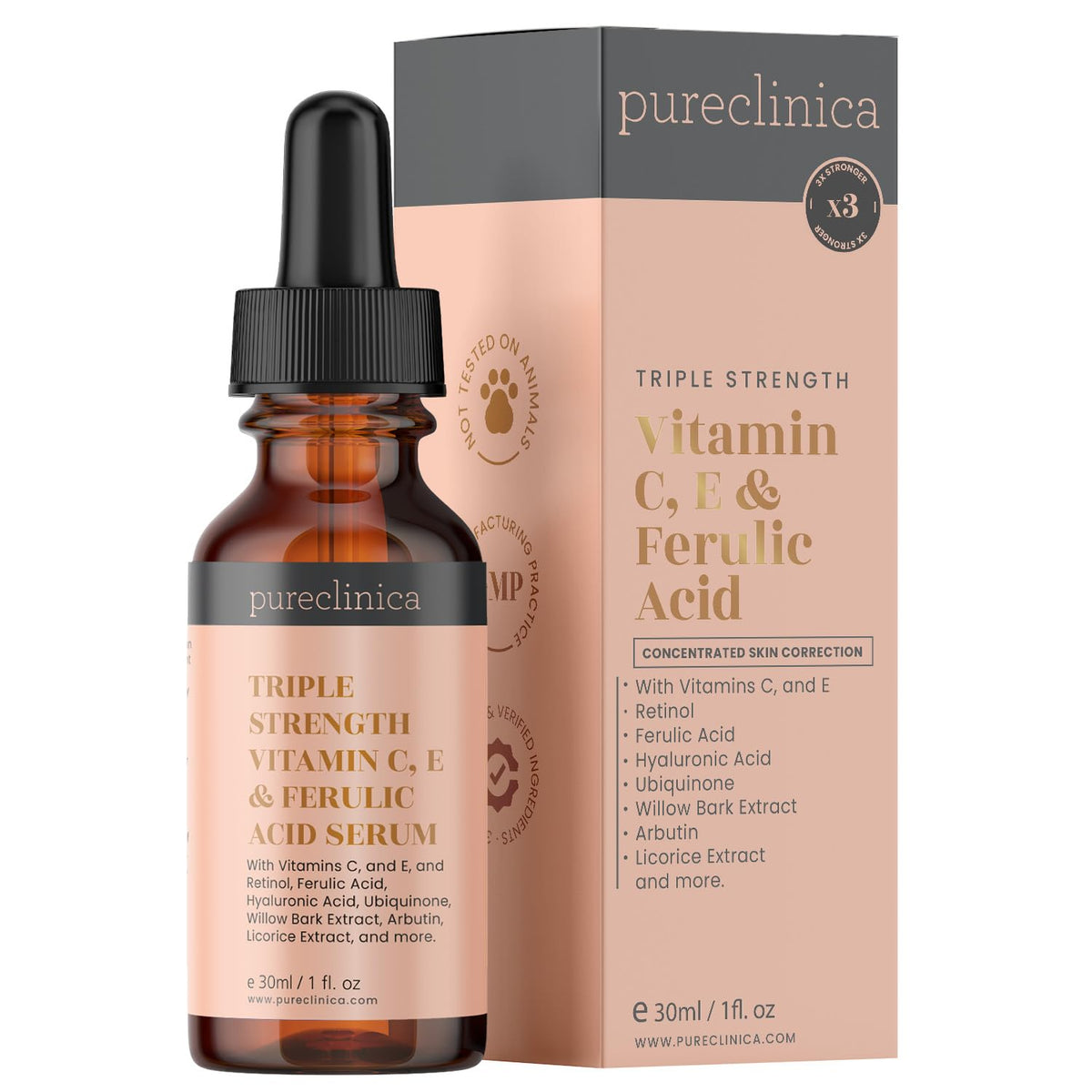 Triple Strength Vitamin C, E & Ferulic Acid Serum (w/ Retinol & double weight Hyaluronic Acid) – 30ml / 1 fl oz.