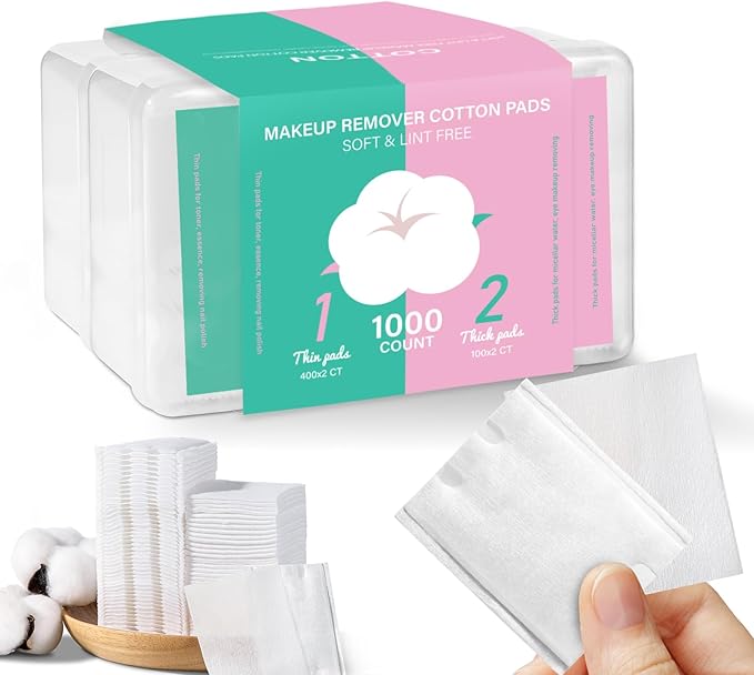 ICOTLE Square Makeup Cotton Pads, 200 Thick and 800 Ultra-Thin Soft, Lint-Free Pads for Makeup Removal, Toner Application and Daily Skincare