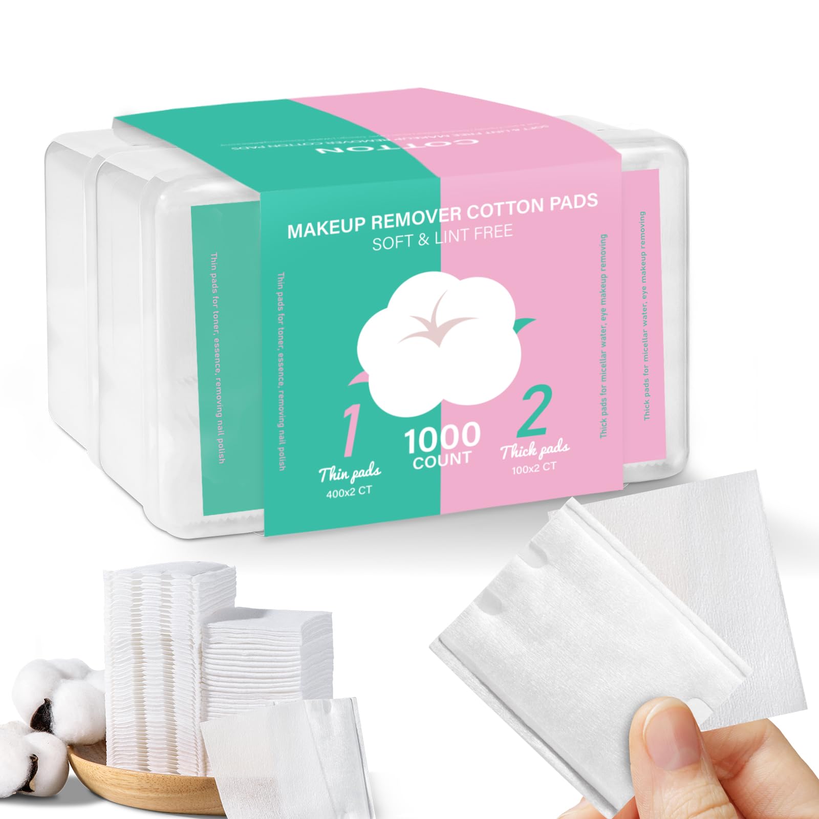 ICOTLE Square Makeup Cotton Pads, 200 Thick and 800 Ultra-Thin Soft, Lint-Free Pads for Makeup Removal, Toner Application and Daily Skincare