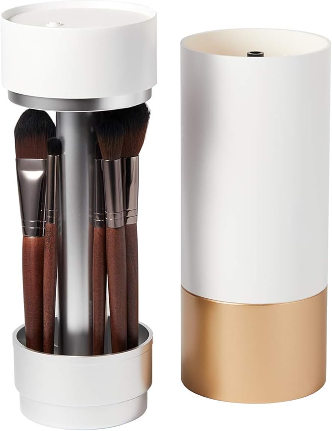 Brushean UVC Sanitizer with Ozone, Makeup Brush Holder, One Touch for Open, Dustproof Make Up Supplies Organized Storage, Stylish and Durable Design (Standard, White/Rose Gold)