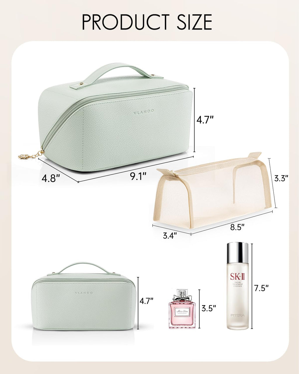 VLANDO Makeup Bag,Travel Toiletry Bag,Cosmetic Bag for Women PU Leather Portable Make up Bag for Skincare, Brushes & Travel Essentials-Mint Green