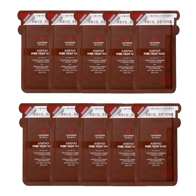 Leaders Mediu Amino Pore-Tight Facial Sheet Mask | Amino Acid Complex, Tea Tree Oil, Zinc PCA for Acne-Prone, Oily Skin, Minimizes Pores, Matte Finish (10 Sheets)
