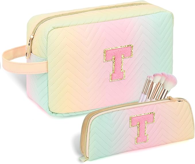 Sernaxi Personalized Initial Makeup Bag Waterproof Leather Cosmetic Bag Travel Toiletry Bag, Valentine’s Day Gift Makeup Organizer Case & Makeup Pouch for Women Teen Girls Mom Girlfriend Wife