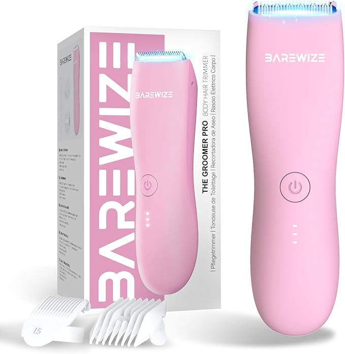 BAREWIZE Bikini Trimmer for Women, Pubic Hair Trimmer | Waterproof, USB-C Rechargeable, LED Light, Replaceable Blade | Electric Razors for Women, Electric Lady Shaver (Rose)
