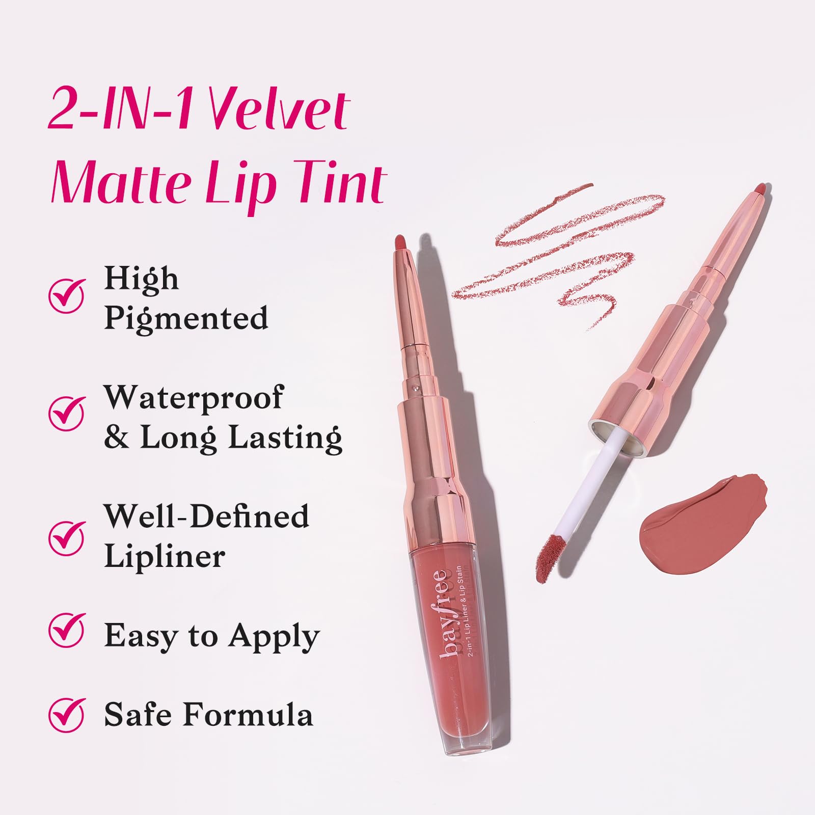 bayfree 2-IN-1 Lip Liner and Lip Stain, High Pigmented Long Lasting Velvet