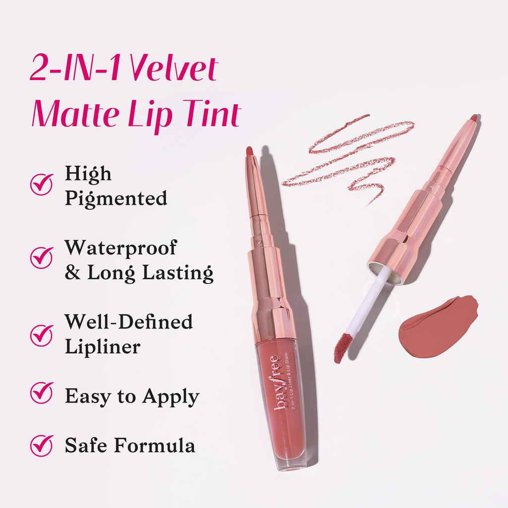 bayfree 2-IN-1 Lip Liner and Lip Stain, High Pigmented Long Lasting Velvet
