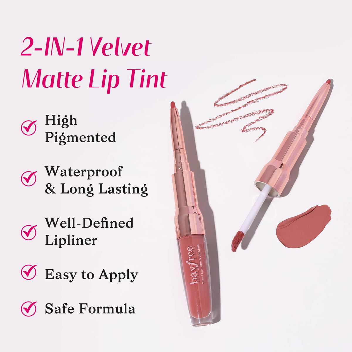 bayfree 2-IN-1 Lip Liner and Lip Stain, High Pigmented Long Lasting Velvet
