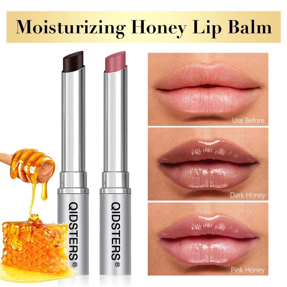 QIDSTERS 2Pcs Honey Lipstick Tinted Lip Balm, Sheer Hydrating Lip Stain for All Skin Tones, Natural Lightweight Lips Gloss Makeup for Women, Vegan & Cruelty-Free