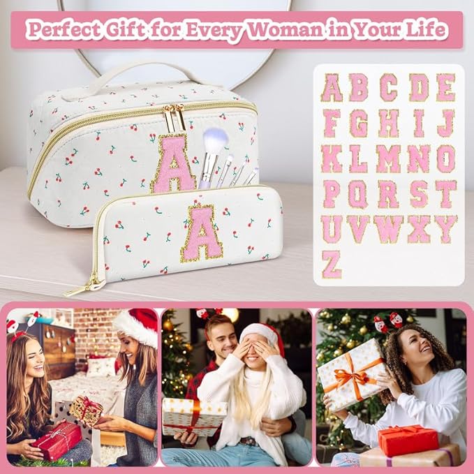 Personalized Travel Makeup Bag Set,Initial Travel Cute Cherry Makeup Organizer Bag,Toiletry Skincare Cosmetic Bag,Christmas Gifts for Women/Girls,Open Flat Toiletry Pouch with Brush Pocket-B