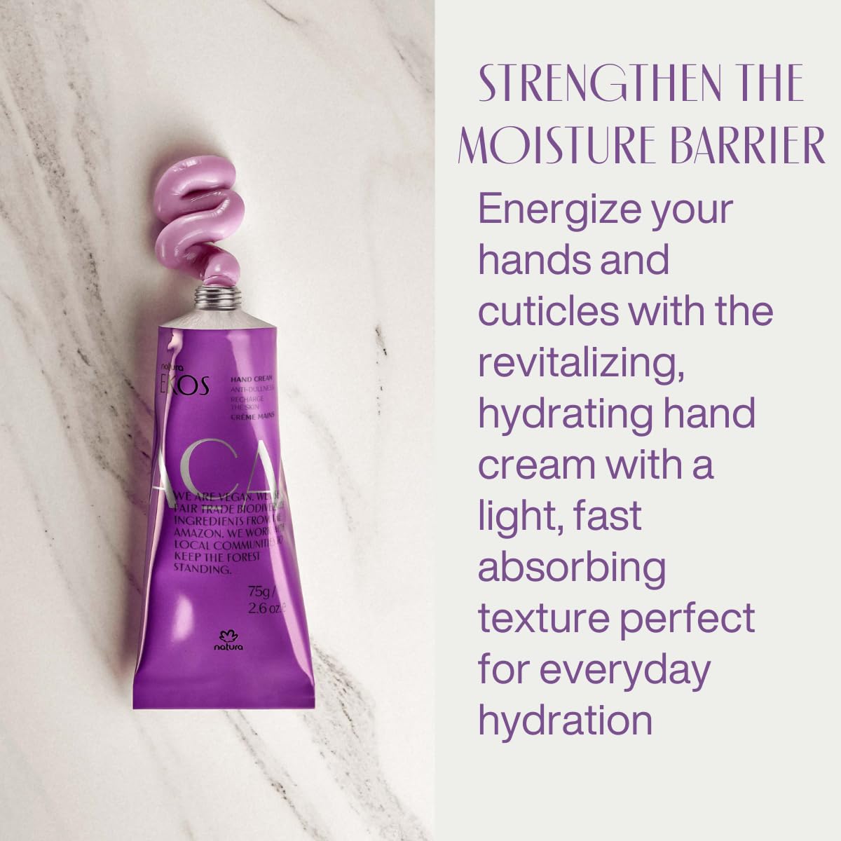 natura - Ekos Açaí Hand Cream - Anti-Dullness Hand Balm - Recharge the Skin - Fast Absorption - Skin Moisturizer - Vegan Skin Care - Brazilian Beauty Secrets - Self Care & Body Care - 2.6oz (75g)