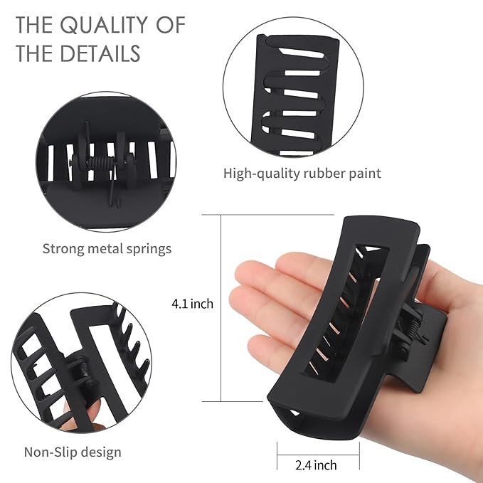 Sisiaipu 4 Inch Big Hair Claw Clips 6 Pcs Large Claw for Thick Hair Square Hair Clips for Women Rectangle Hair Clips Nonslip Acrylic Banana Jaw Clips Hair Accessories for Girls (Black)