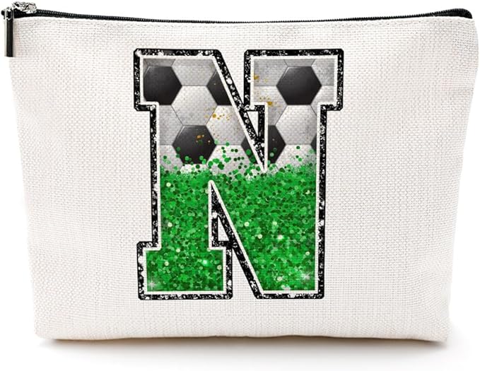 CQM Soccer Gifts Initial Makeup Bag Soccer Girl Gifts Cosmetic Bag Letter N