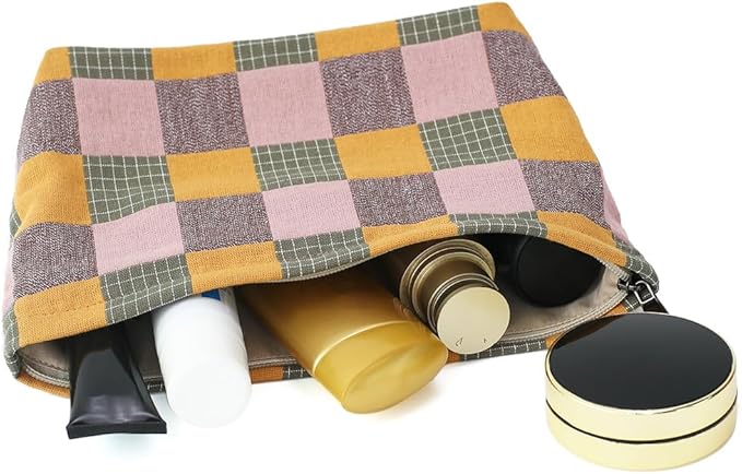 BBORGDC Plaid Cloth Makeup Bag - Large Capacity Travel Cosmetic Pouch & Toiletry Organizer with Zipper, Stylish Make Up Organizer for Daily Use,Gift for Women
