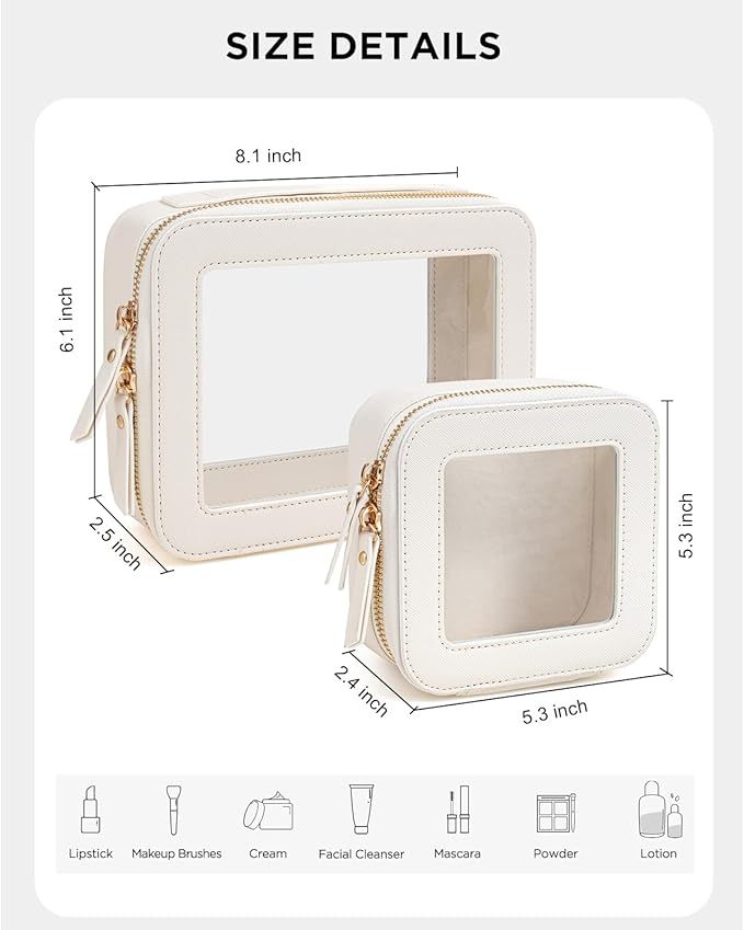 KOTORA Clear Makeup Bag Organizer Set,Portable Travel Toiletry Case for Women, Vegan Leather Cosmetic Pouch Car Bag for Essentials Car Accessories for Women Girls(White)